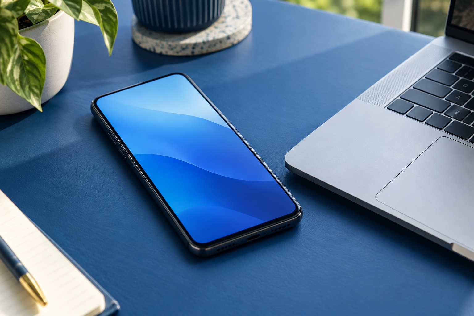 Teléfono junto a un portátil sobre una mesa azul